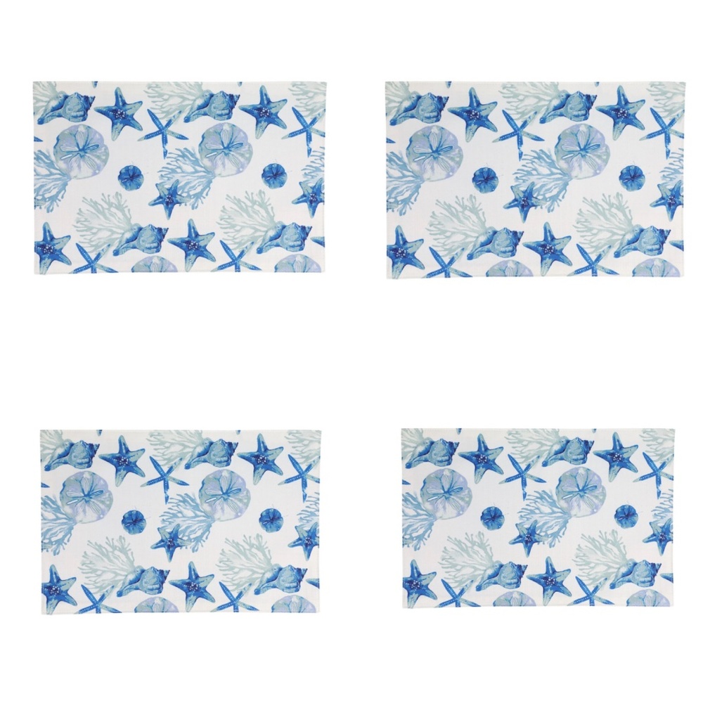 SeaShell Placemats Blue Sea Shell Reversible Starfish Coral Fabric Coast…